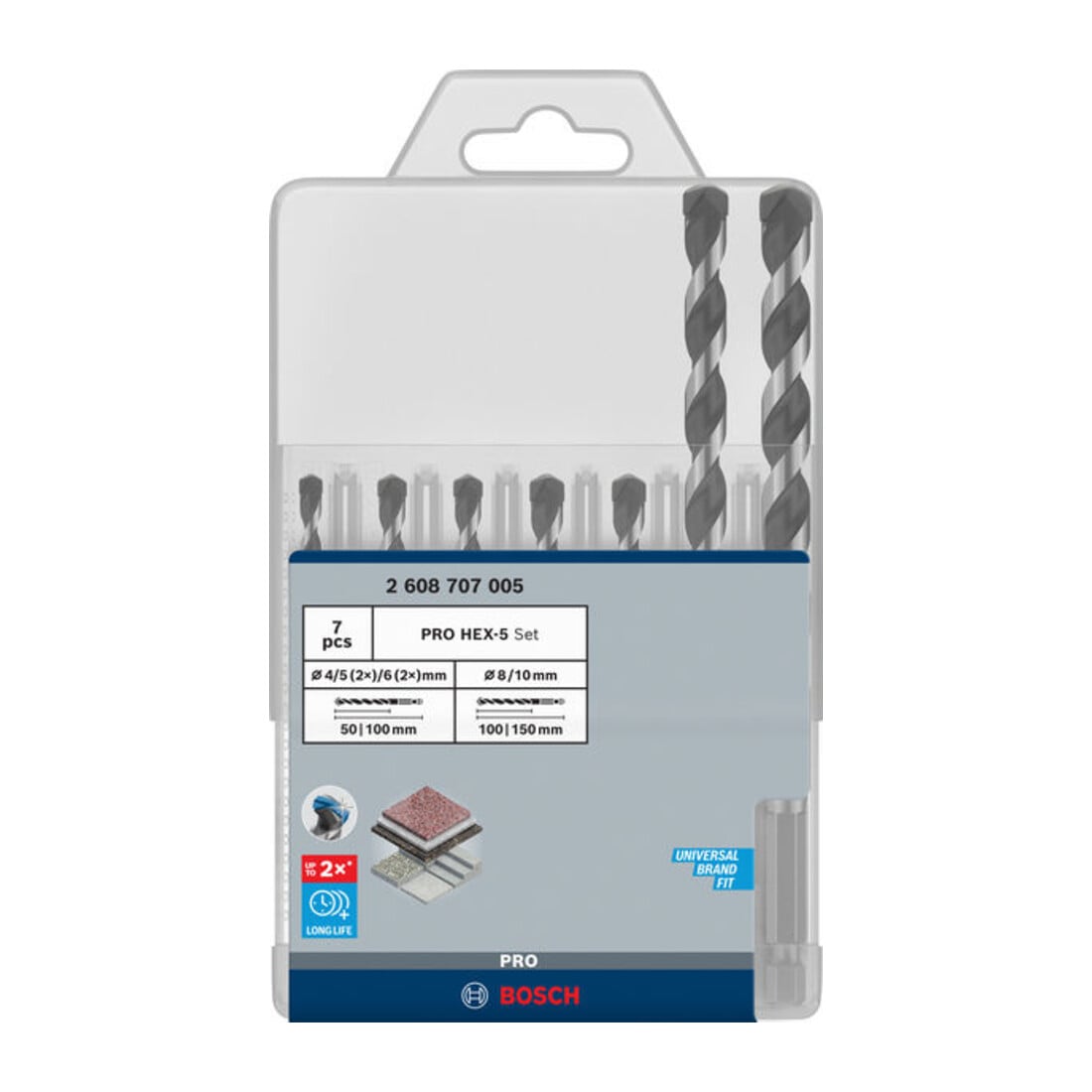 Bosch PRO HEX-5 Boorset, 4x100, 5x100, 5x100, 6x100, 6x100, 8x150, 10x150 mm, 7-dlg.