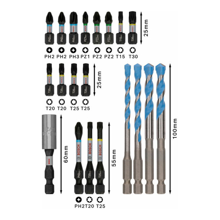 Bosch PRO Impact Schrauberbits und Multi Construction Bohrer Set, 20-tlg.