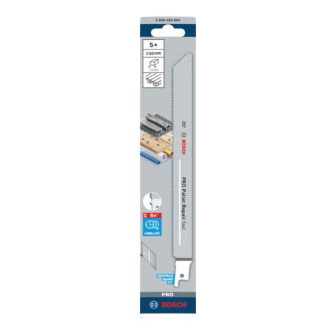Bosch PRO Lame de scie sabre pour réparation de palettes rapide S1122HFR, 0,9 x 19 x 225 mm, 5 pcs