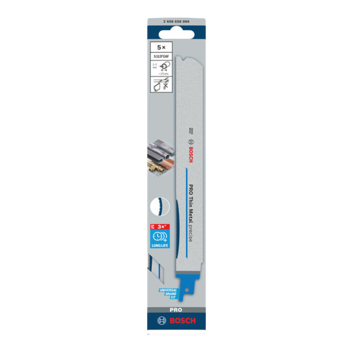 Bosch PRO Lame de scie sabre Thin Metal précise S1137EAF, 1,1 x 25 x 225 mm, 5 pcs