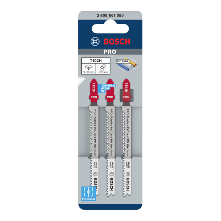 Bosch PRO Lames de scie sauteuse T102H pour plastique PVC, 100 mm, 3 pièces