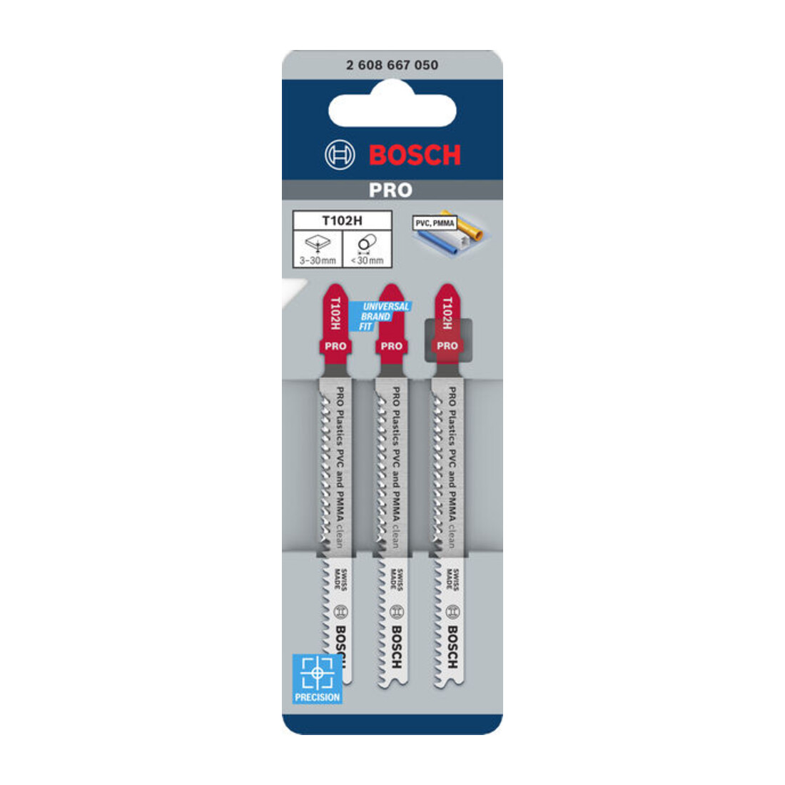 Bosch PRO Lames de scie sauteuse T102H pour plastique PVC, 100 mm, 3 pièces