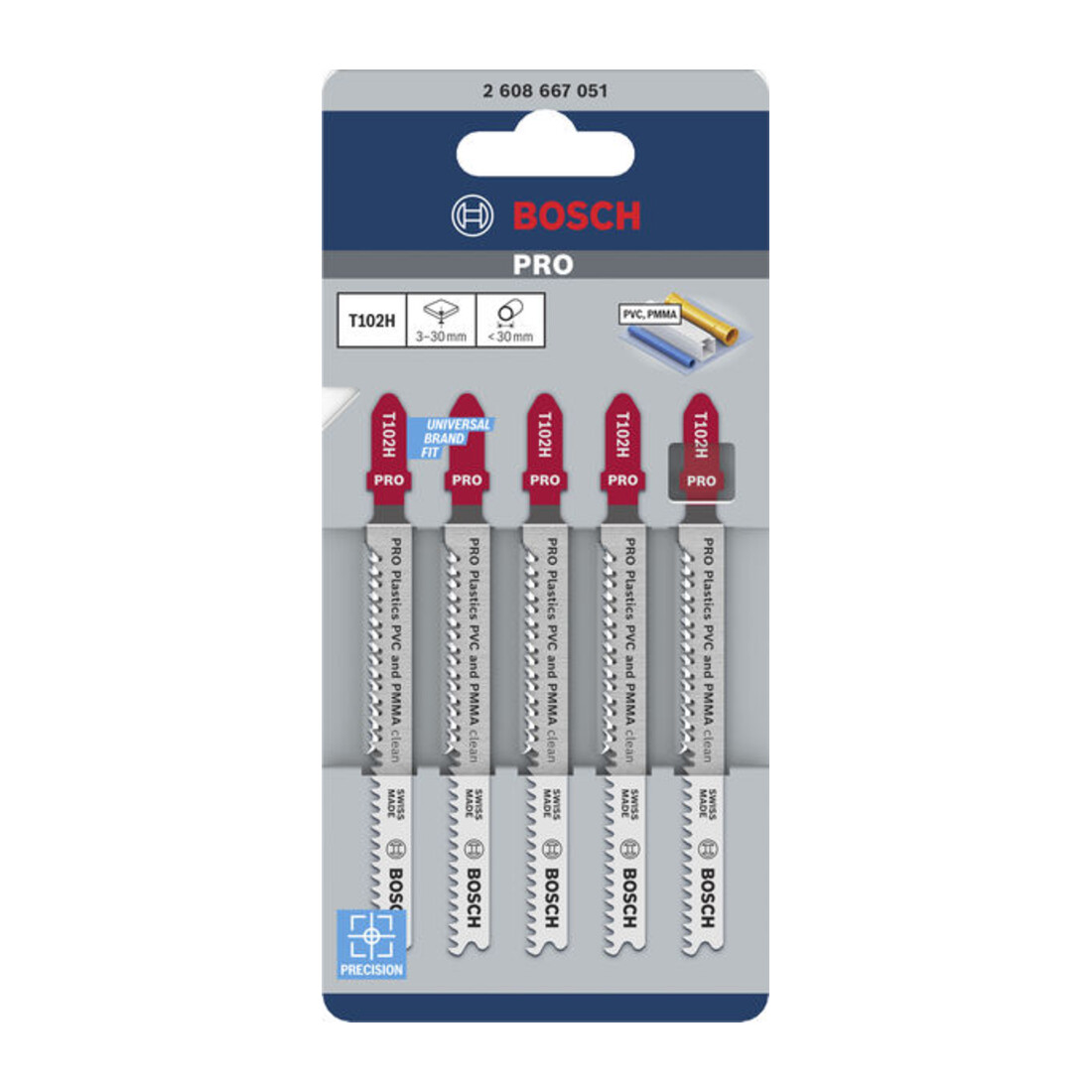 Bosch PRO Lames de scie sauteuse T102H pour plastique PVC, 100 mm, 5 pièces