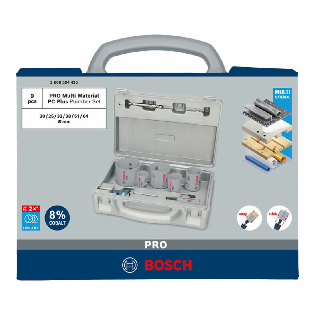 Bosch PRO Multi Material PC Plus Lochsägen-Set, 20, 25, 64 mm, 9-tlg.