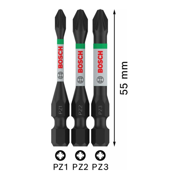 Bosch PRO Pozidriv Impact Bit Set, PZ1, PZ2, PZ3, 55 mm, 3-tlg.