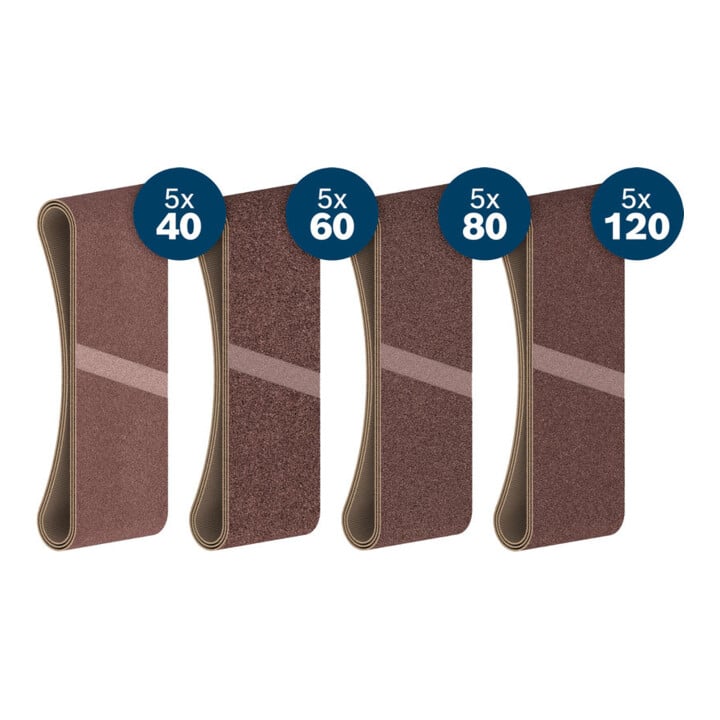 Bosch PRO Set de bandes abrasives X440, 75×457 mm, K40/60/80/120, 20 pcs, Starter Pack