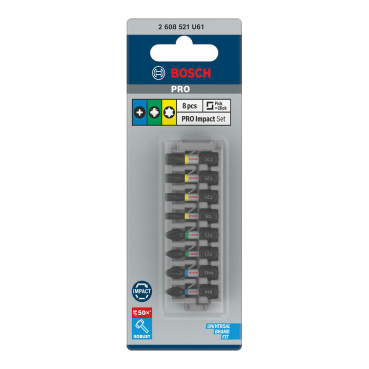 Bosch PRO Set de embouts d’impact, PH1/PH2/PZ1/PZ2/T15/T20/T25/T30, 25 mm, 8 pcs