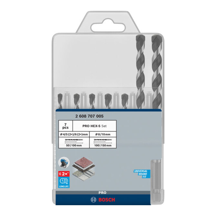 Bosch PRO Set de forets HEX-5, 4x100, 5x100, 5x100, 6x100, 6x100, 8x150, 10x150 mm, 7 pièces