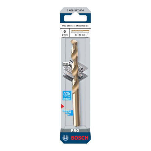 Bosch PRO Spiraalboor HSS-Co roestvrij staal, 6 x 57 x 93 mm