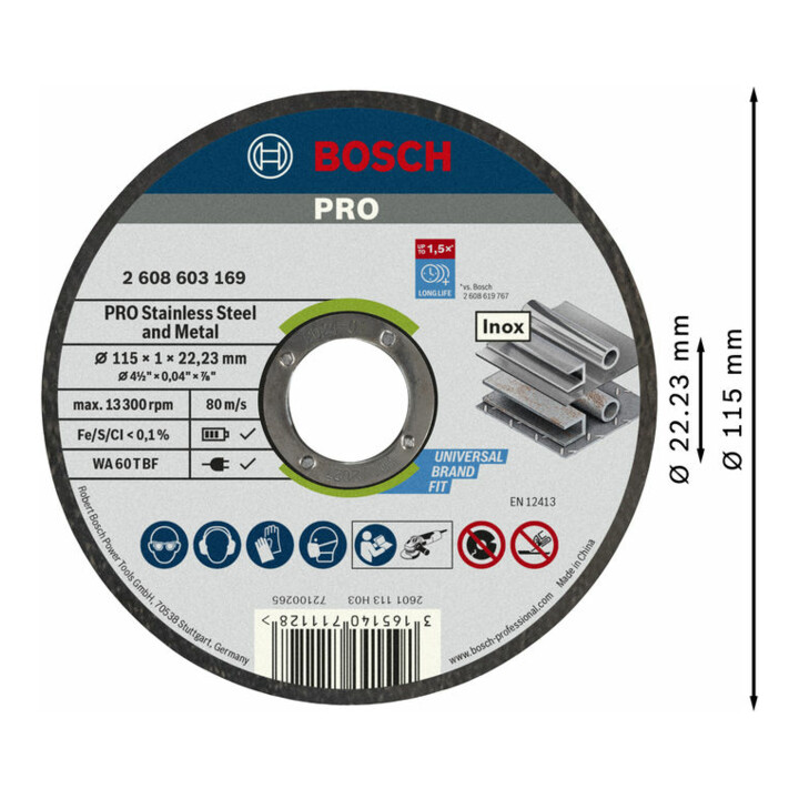Bosch PRO Stainless Steel and Metal Trennscheibe, 115 x 1 x 22,23 mm, gerade, 100 Stk.