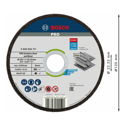 Bosch PRO Stainless Steel and Metal Trennscheibe, 125 x 1 x 22,23 mm, gerade, 100 Stk.