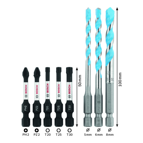 Bosch Professional Impact Control schroevendraaier bit en multi-purpose boorbit set Pick and Click 8 stuks.