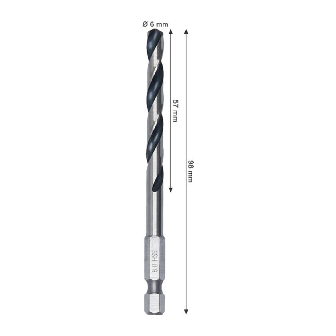 Bosch Punta a spirale in metallo HSS, 6 x 57 x 98 mm, gambo esagonale 1/4"
