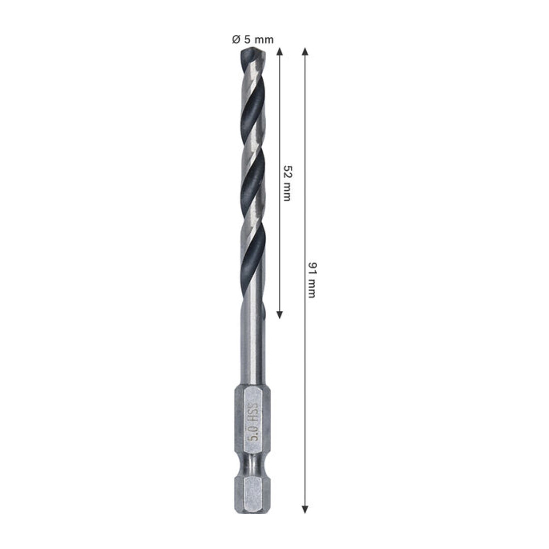 Bosch Punta elicoidale HSS in metallo, 5 x 52 x 91 mm, attacco esagonale 1/4