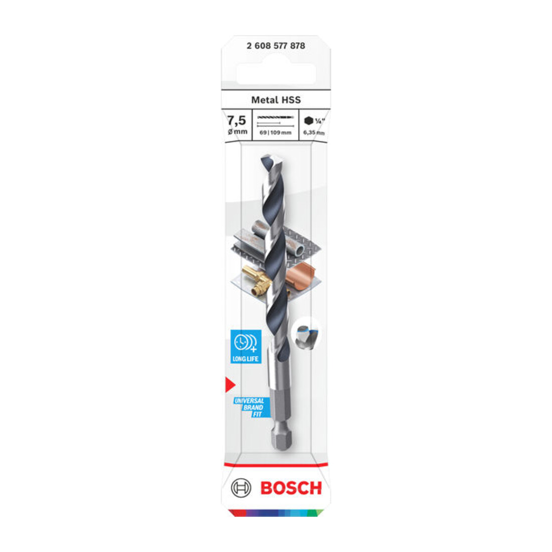 Bosch Punta elicoidale in metallo HSS, 7,5 x 69 x 109 mm, gambo esagonale 1/4