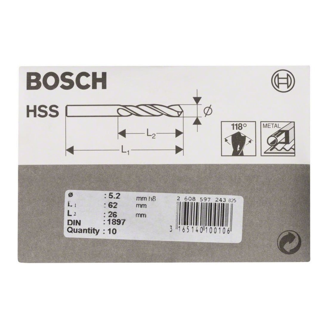 Bosch Punta per trapano HSS-R DIN 1897 5,2x26x62mm