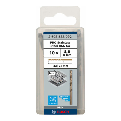 Bosch Punta trapano HSS-Co DIN 338 per metallo, 3,8x43x75mm