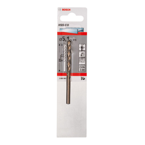 Bosch Punta trapano HSS-Co DIN 338 per metallo, 5,1x52x86mm