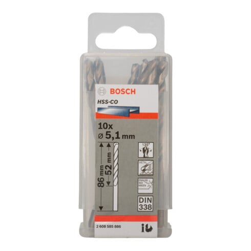 Bosch Punta trapano HSS-Co DIN 338 per metallo, 5,1x52x86mm