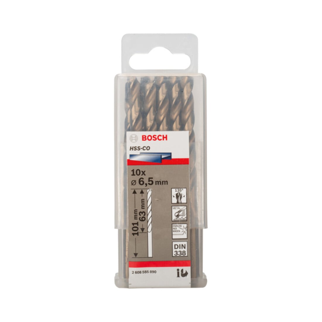 Bosch Punta trapano HSS-Co DIN 338 per metallo, 6,5x63x101mm
