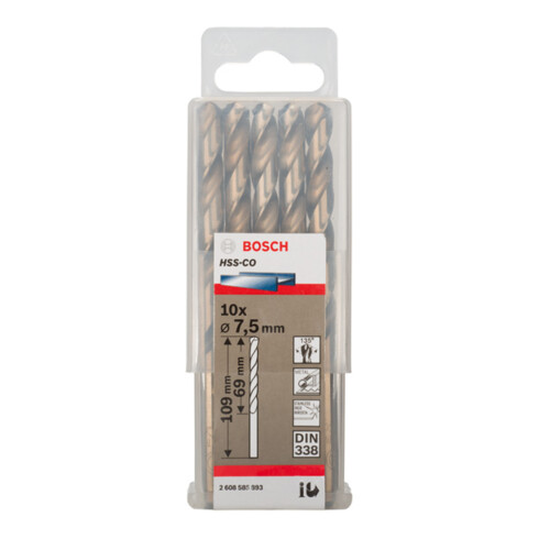 Bosch Punta trapano HSS-Co DIN 338 per metallo, 7,5x69x109mm
