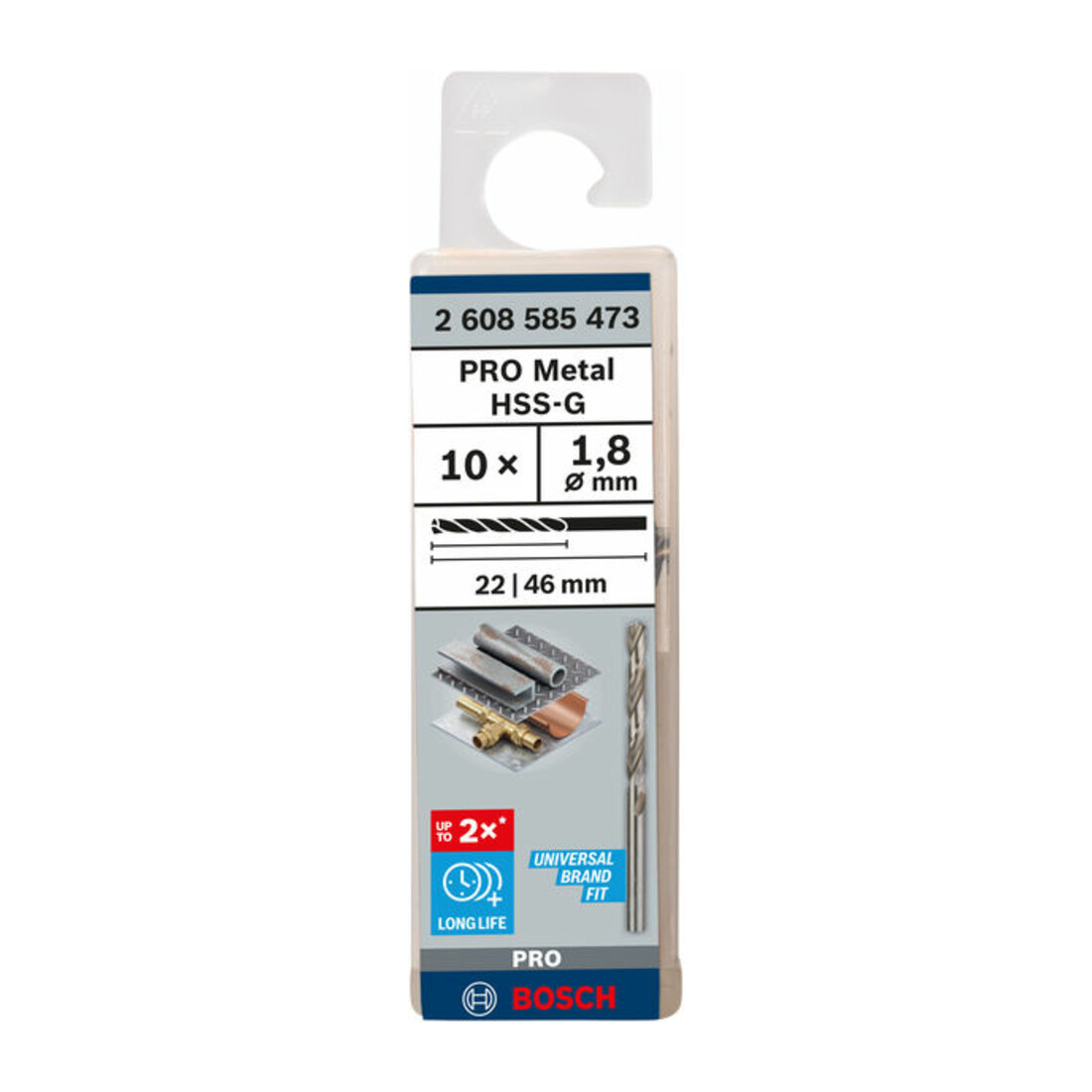 Bosch Punta trapano HSS-G DIN 338 per metallo, 1,8x22x46mm