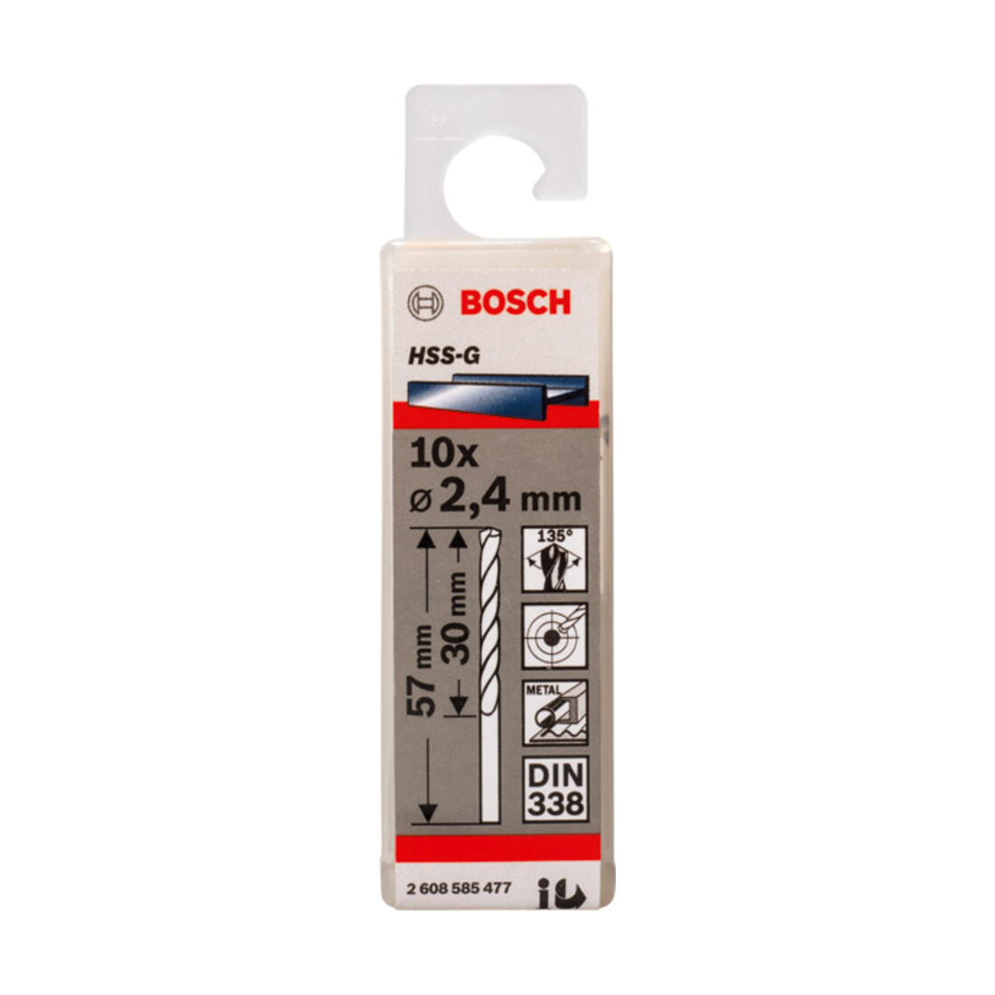 Bosch Punta trapano HSS-G DIN 338 per metallo, 2,4x30x57mm