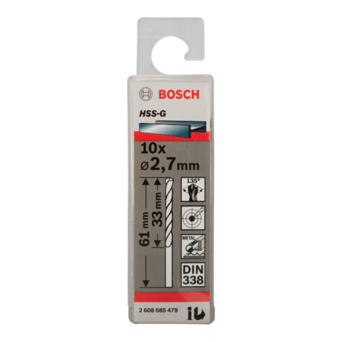 Bosch Punta trapano HSS-G DIN 338 per metallo, 2,7x33x61mm