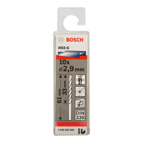 Bosch Punta trapano HSS-G DIN 338 per metallo, 2,9x33x61mm