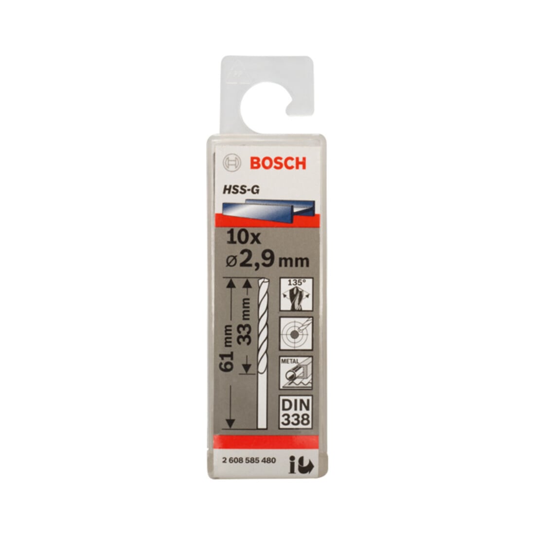 Bosch Punta trapano HSS-G DIN 338 per metallo, 2,9x33x61mm
