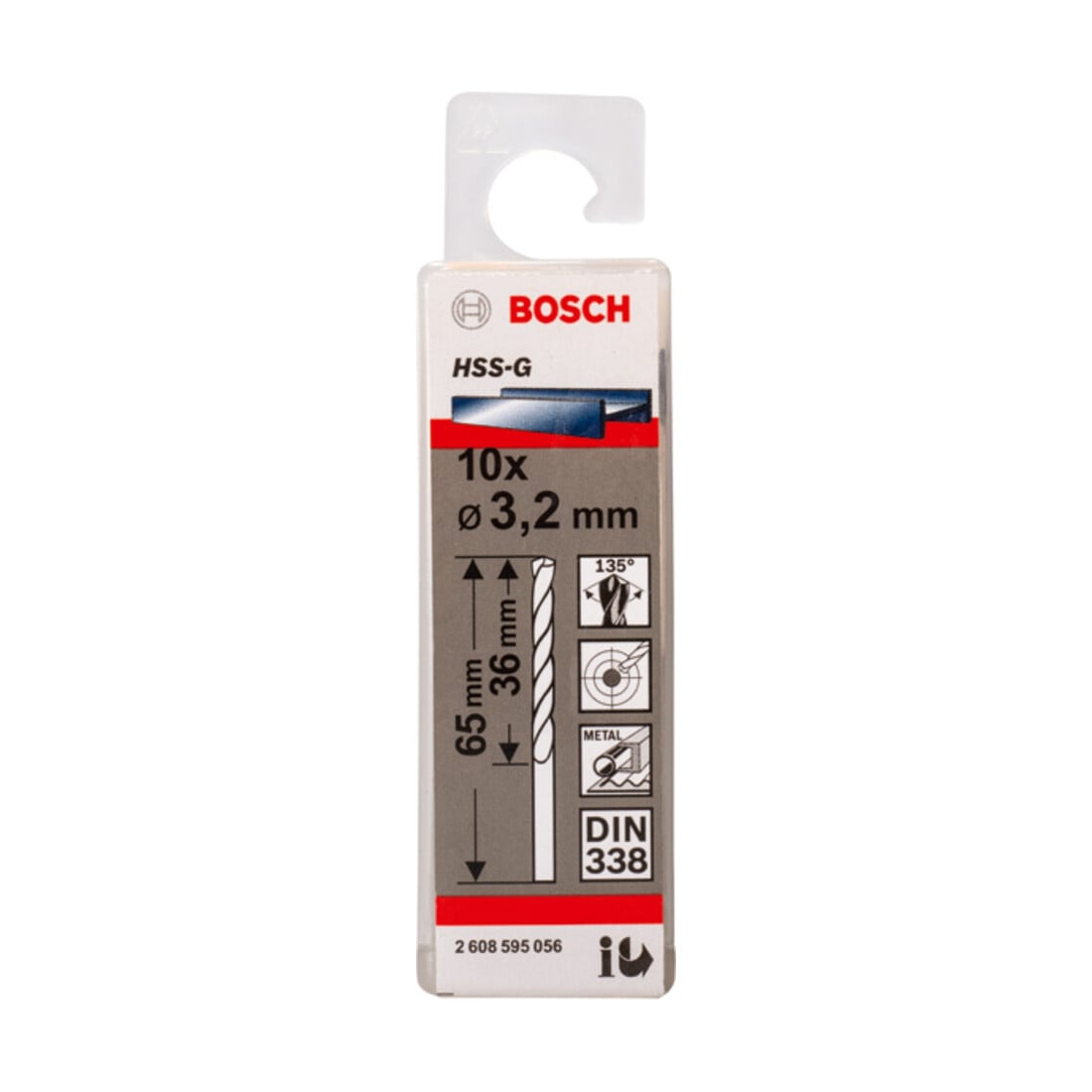 Bosch Punta trapano HSS-G DIN 338 per metallo, 3,2x36x65mm