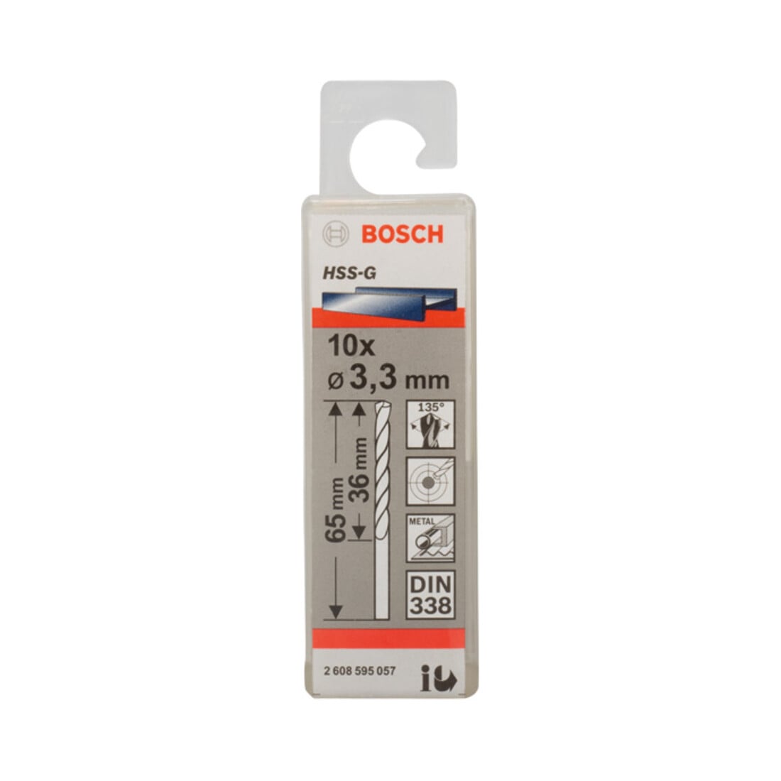 Bosch Punta trapano HSS-G DIN 338 per metallo, 3,3x36x65mm