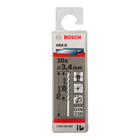 Bosch Punta trapano HSS-G DIN 338 per metallo, 3,4x39x70mm
