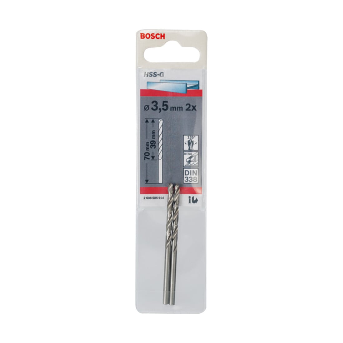 Bosch Punta trapano HSS-G DIN 338 per metallo, 3,5x39x70mm