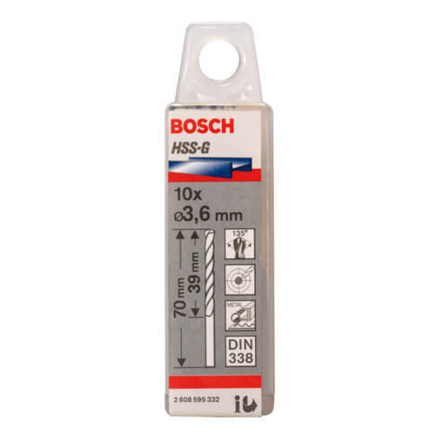 Bosch Punta trapano HSS-G DIN 338 per metallo, 3,6x39x70mm
