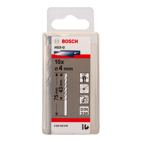 Bosch Punta trapano HSS-G DIN 338 per metallo, 4x43x75mm