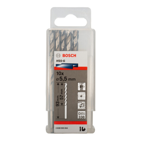 Bosch Punta trapano HSS-G DIN 338 per metallo, 5,5x57x93mm