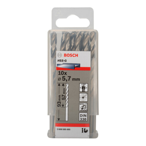 Bosch Punta trapano HSS-G DIN 338 per metallo, 5,7x57x93mm