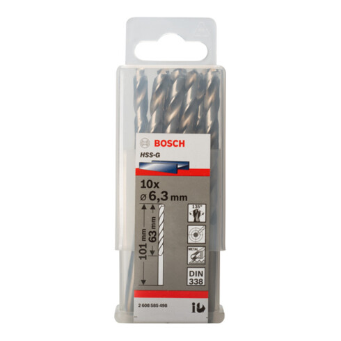 Bosch Punta trapano HSS-G DIN 338 per metallo, 6,3x63x101mm