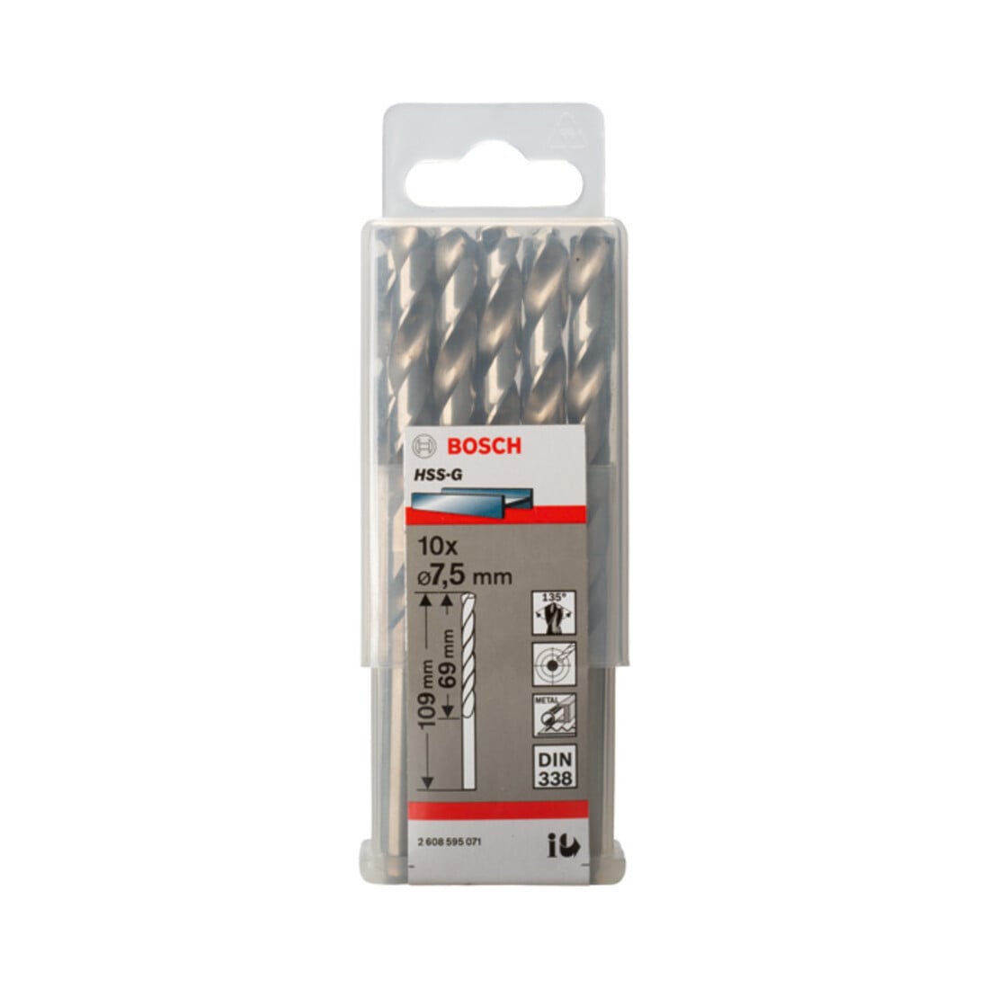 Bosch Punta trapano HSS-G DIN 338 per metallo, 7,5x69x109mm