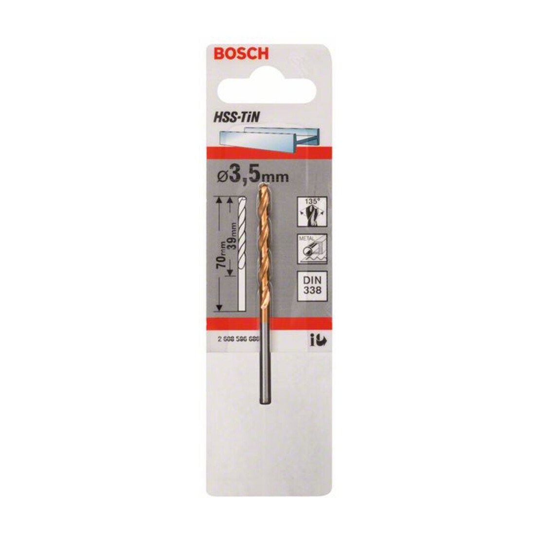 Bosch Punta trapano HSS-TiN DIN 338 per metallo, 3,5x39x70mm