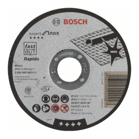 Bosch rechte doorslijpschijf Expert for Inox - Rapido AS 60 T INOX BF, 115 mm, 22,23 mm