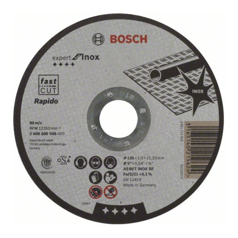 Bosch rechte doorslijpschijf Expert for Inox - Rapido AS 60 T INOX BF 125 mm 1,0 mm