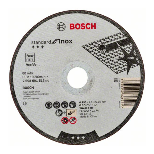 Bosch rechte doorslijpschijf Standard for Inox WA 46 T BF, 150 mm, 22,23 mm, 1,6 mm