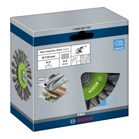 Bosch Scheibenbürste gezopft rostfrei 115 mm 0,5 mm 12500 U/ min M14