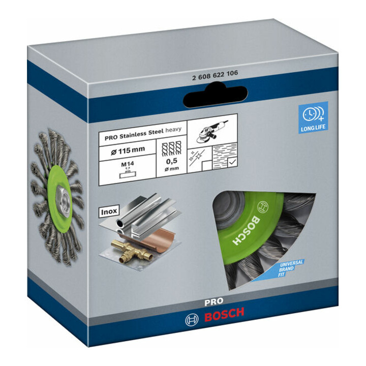 Bosch Scheibenbürste gezopft rostfrei 115 mm 0,5 mm 12500 U/ min M14