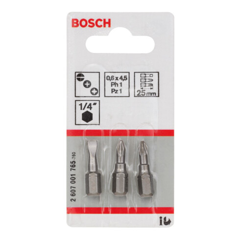 Bosch Schrauberbit-Set Extra-Hart (gemischt), S 0,6x4,5, PH1, PZ1, 25 mm