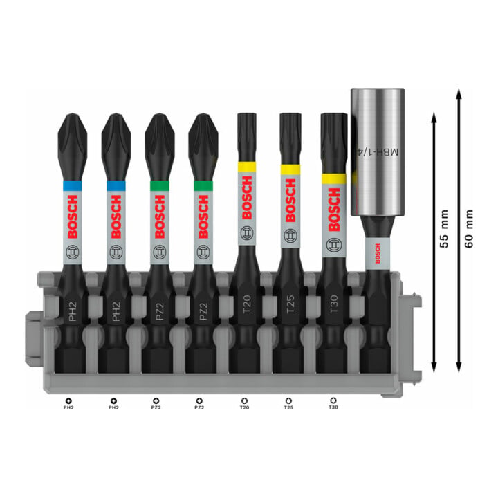 Bosch Schrauberbit-Set Impact Control 8-teilig 2 x PH2 2x PZ2 T20 T25 T30 50 mm