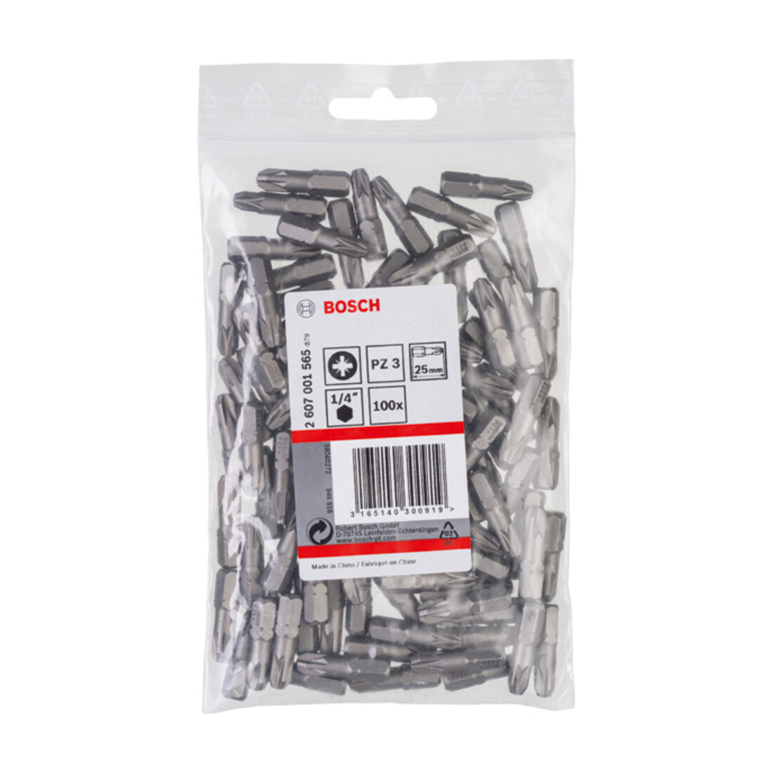 Bosch Pozidriv bit, L25 mm, 1/4" aandrijving, extra hard, set van 10