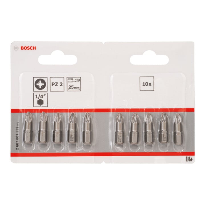 Bosch Pozidriv Bit, L25 mm, 1/4" aandrijving, extra hard, 10 stuks